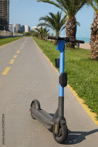 Modern electric scooter outdoors on sunny day. Rental service