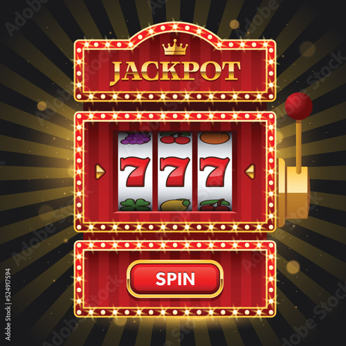 Shiny red slot machine on dark background with Jackpot sign and spin button. Win 777 jackpot. Lucky seven, big win, casino vegas game. Jackpot triple seven. Vector illustration. photo