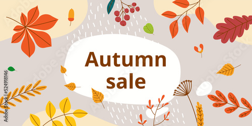 Autumn sale leaves banner. September sales, fall holidays offers advertising backdrop. Seasonal decor with yellow foliage, classy retail discount vector poster