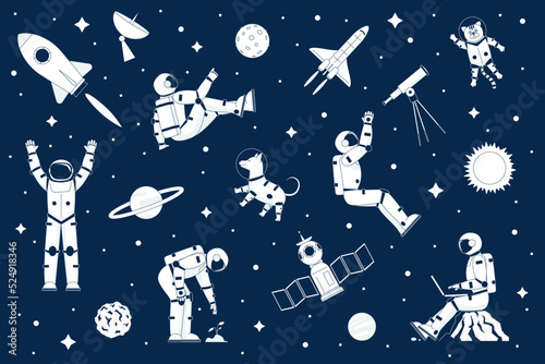 Space explorer set. Dog and spaceship, astronauts and rockets. Travel shuttle, planets and satellite in universe. Future adventures recent vector objects and characters