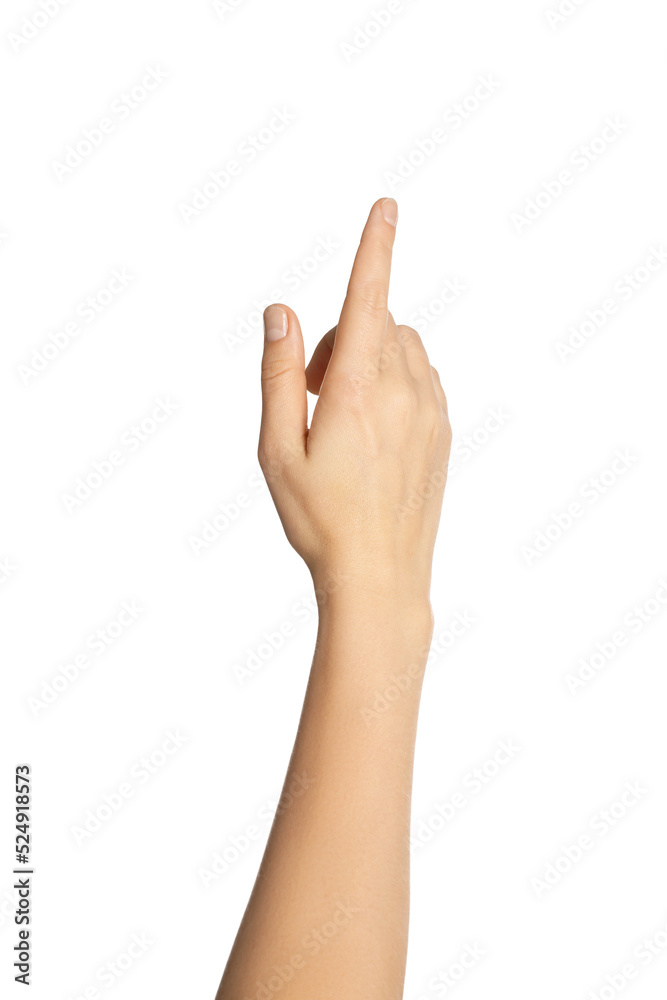 Woman pointing at something on white background, closeup of hand Woman pointing at something on white background, closeup of hand