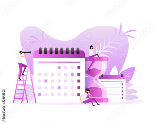 Meeting appointment time. Calendar icon and people. Cartoon people vector illustration