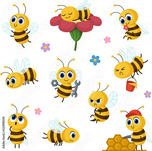 Cute cartoon bee. Honey and bees child characters serie. Honeybee funny working, happy awesome mascot insect flying and dream with flower, garish vector animal