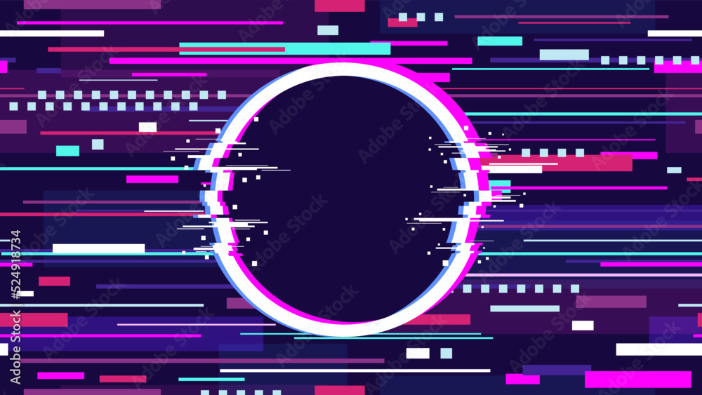 Glitch digital background. Dark television banner with circle destroyed frame. Games graphic, colorful tv glowing screen. Cyberpunk noise racy vector element