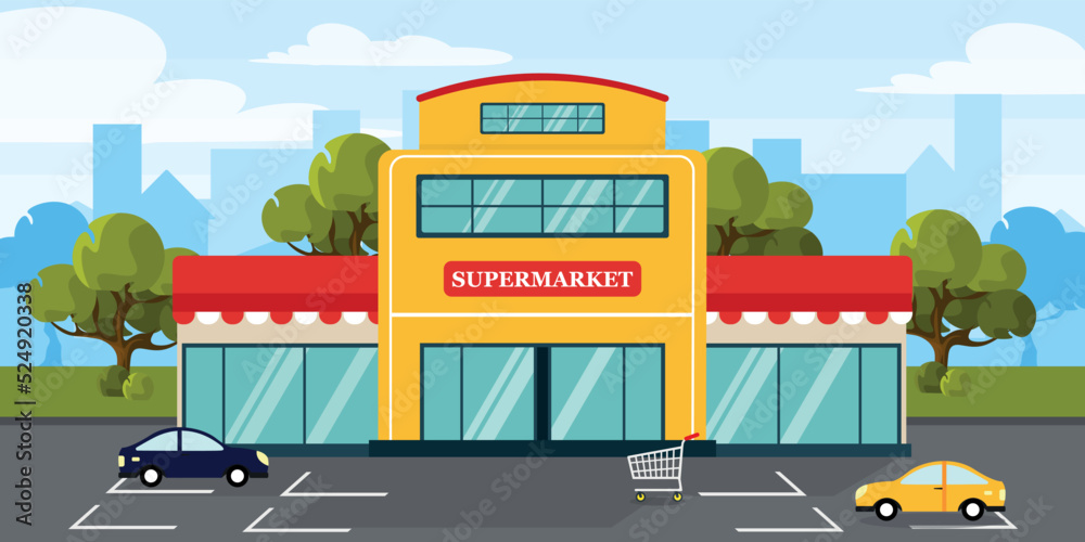 Vector illustration of a beautiful supermarket. Cartoon urban buildings with parked cars, carts, trees and a city in the background. - obrazy, fototapety, plakaty 