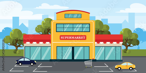 Vector illustration of a beautiful supermarket. Cartoon urban buildings with parked cars, carts, trees and a city in the background.