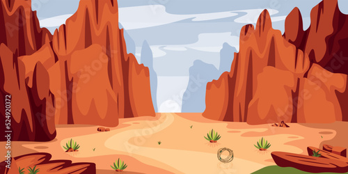 Vector illustration of beautiful canyon. Cartoon mountain landscape with canyons, rocks, desert, low vegetation.