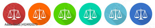 Justice icon set, scales, weight flat design vector illustration in 6 colors options for webdesign and mobile applications