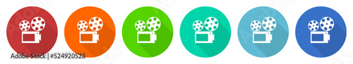 Video icon set, camera, cinema flat design vector illustration in 6 colors options for webdesign and mobile applications