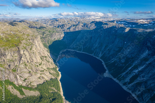 Aerial summer beautiful view of Trolltunga, Norway