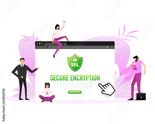 SSL encryption label. Flat people. Secure banner. Vector illustration