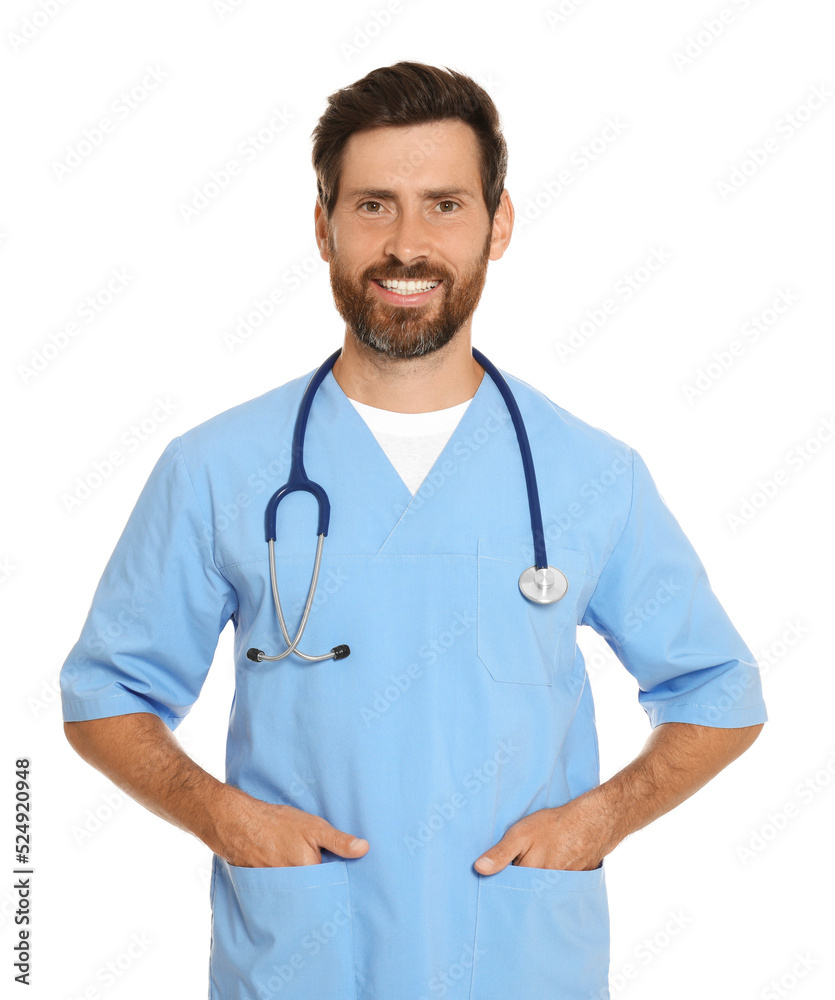 Portrait of doctor in scrubs on white background Portrait of doctor in scrubs on white background