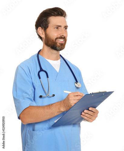 Happy doctor with stethoscope and clipboard on white background