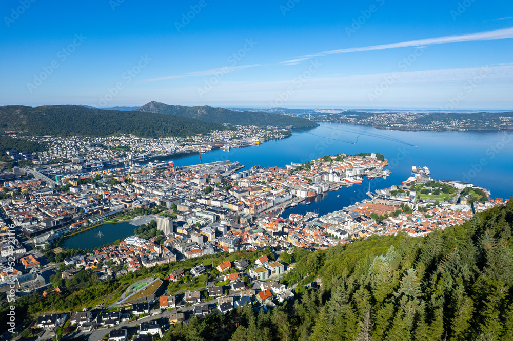 Aerial summer beautiful sunny view of Bergen, Norway