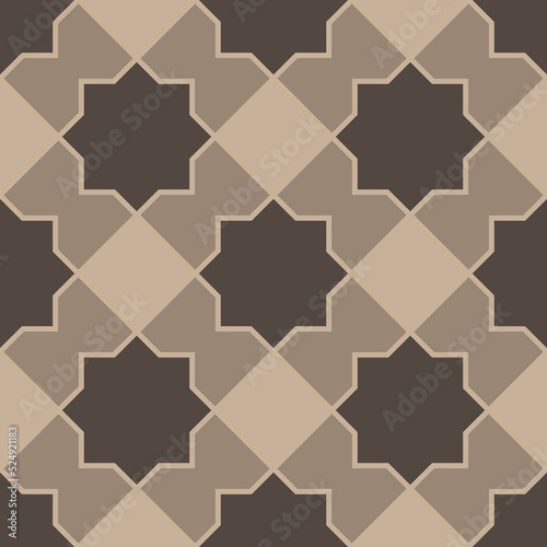 Seamless pattern with simple brown ornament - eight pointed stars and tapes