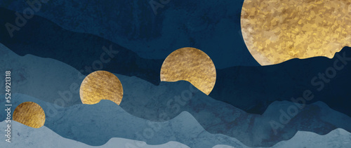Landscape art background with mountains, hills and moon or sun in golden color. Vector banner in a watercolor style for decoration, print, wallpaper, fabric, packaging.