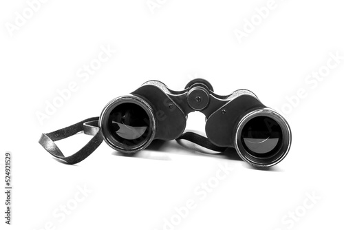 retro, vintage binoculars in black on a white background. there are scratches. Close-up.