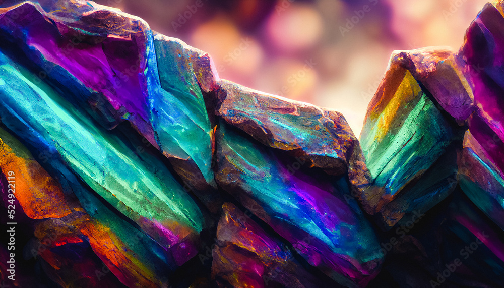 3D render digital art of iridescent bismuth rock wall. Beautiful HD