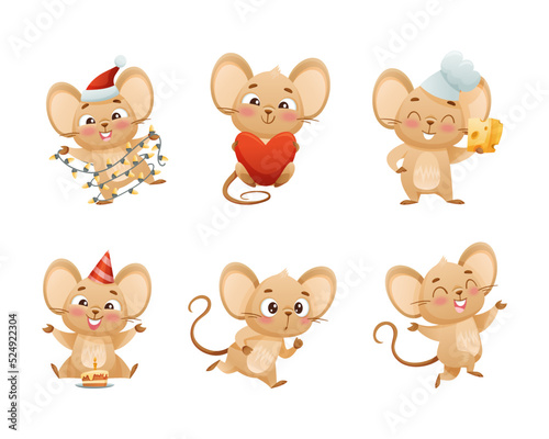 Little Mouse Character with Long Tail and Big Ears Engaged in Different Activity Vector Set