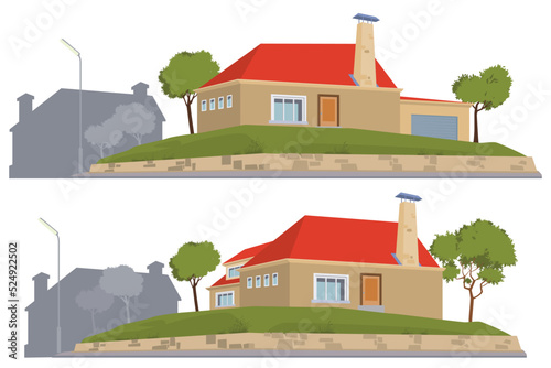 Cottage development in city. Illustration for internet and mobile website.