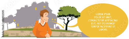 Man in front of suburban cottage. Illustration for internet and mobile website.