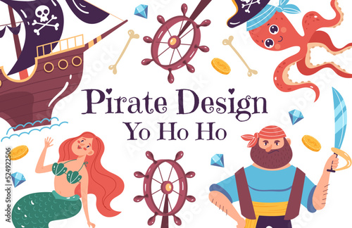 Pirate corsair advanture captain ship game banner poster cover background concept. Vector isolated graphic design illustration