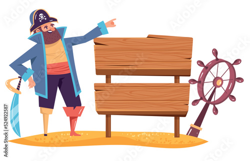 Pirate captain sail character with wooden board for text concept. Vector isolated graphic design illustration
