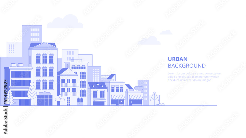 City landscape with buildings. Towers and buildings in modern flat style on white background. Abstract horizontal banner and background with copy space for text. Vector header images for web