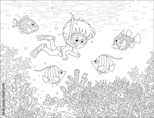 Little boy with a diving mask, flippers and a snorkel diving with amusing tropical fishes on a coral reef on summer vacation, black and white outline vector cartoon illustration for a coloring book © Alexey Bannykh