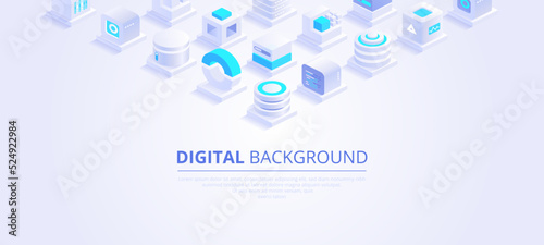 Web banner design of digital technologies concept. Abstract isometric cubes with text place on white background. Online communication and blockchain. Vector illustration of advertising landing page