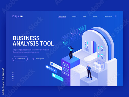 Business analysis tool landing page template. Business strategy and planning. Budget accounting or statistics. Analysis trends and financial strategy by using infographic chart. Vector isometric