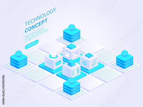 Technology isometric concept vector illustration. Abstract data storage or blockchain. Personal data protection. Hosting server room. Data center. Network mainframe infrastructure technology blocks