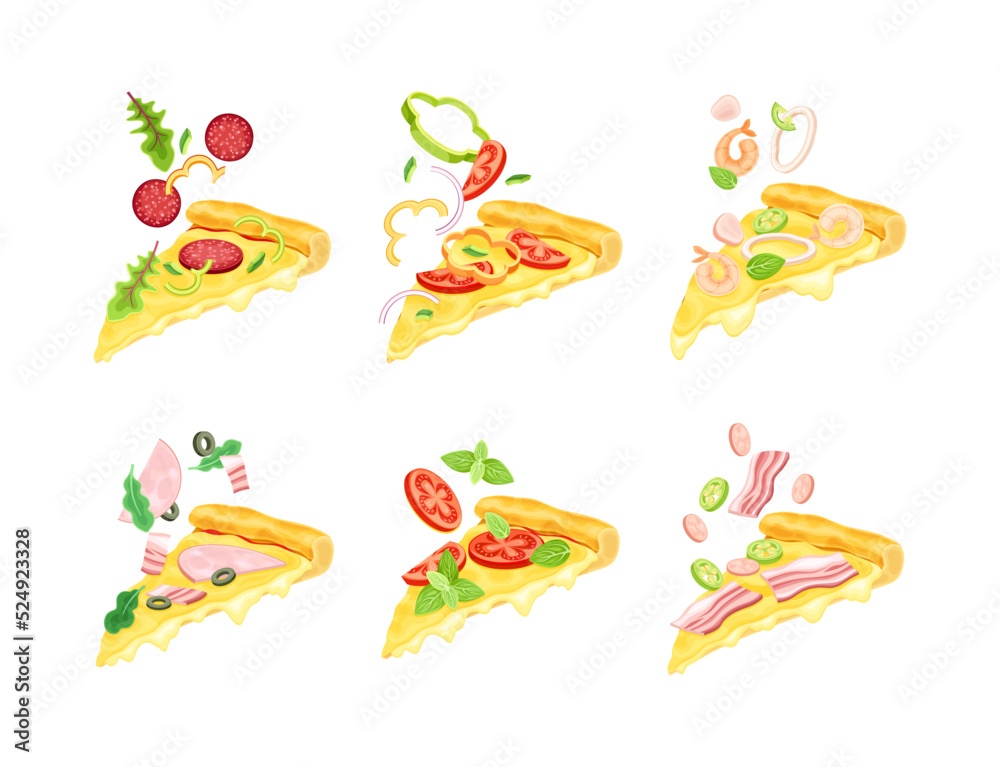 Appetizing Italian Pizza Slices with Melting Cheese as Hot Dough Topped with Ingredients Vector Set Appetizing Italian Pizza Slices with Melting Cheese as Hot Dough Topped with Ingredients Vector Set