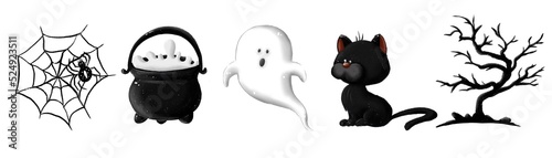 Halloween set of cartoon doodle  illustration on white background. Trick or treat. Ghost, potion, pot, cat, spider, tree. Mystery and creepy.