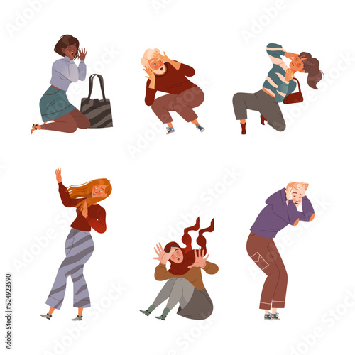 People Character Afraid of Something Feeling Scared and Terrified Screaming and Escaping Vector Illustration Set
