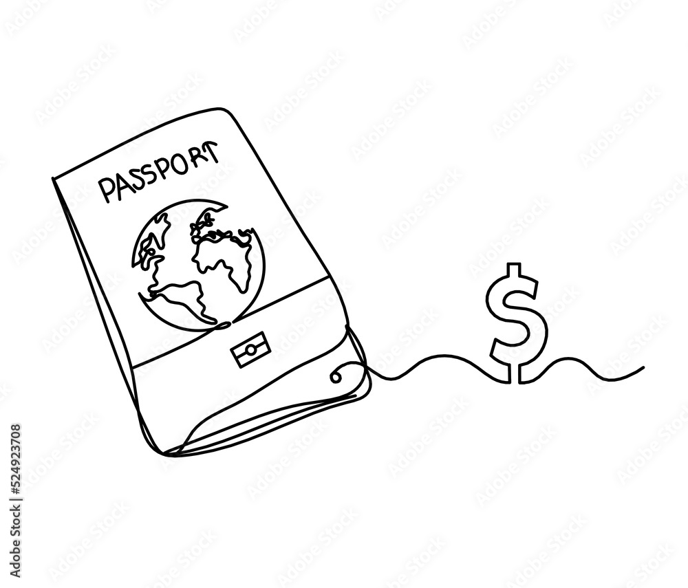 Passport with dollar as line drawing on white background