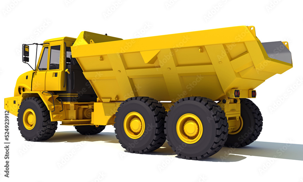 Dump Truck 3D rendering heavy construction machinery on white background