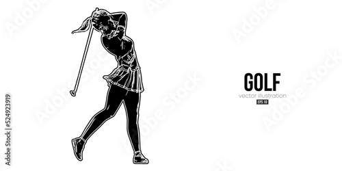 Abstract silhouette of a golf player on white background. Golfer woman hits the ball. Vector illustration