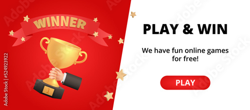 Golden cup 3d red ribbon winner 1st place minimal, gold winners hold in hand. Champion award ceremony concept in cartoon style. Trophy vector banner design template for web. Game or education.