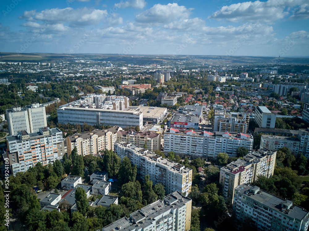 Aerial view of drone flying over city. Kishinev, Moldova republic of.