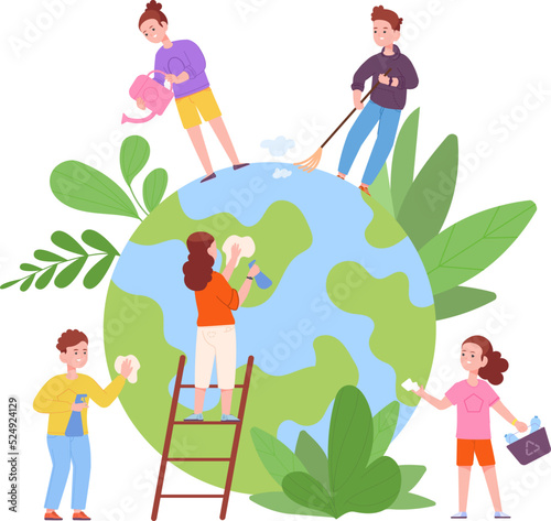 Children cleaning globe. Preschool volunteers clean earth, kid planet care ecosystem world day save global environment, students cleaning-up