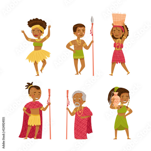 Happy aboriginal, indigenous people of Africa dressed in ethnic clothes set cartoon vector illustration