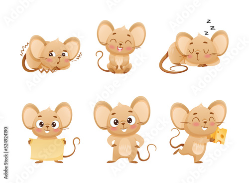 Fototapeta Naklejka Na Ścianę i Meble -  Little Mouse Character with Long Tail and Big Ears Engaged in Different Activity Vector Set