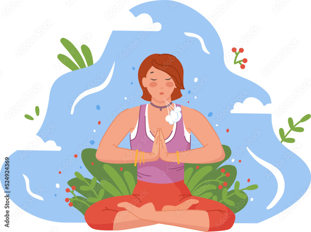 Woman breathing exercise. Abdominal breath exercise technique for yoga meditation, relaxation body and mind, face blow respiration deep exhale belly diaphragm, vector illustration Woman breathing exercise. Abdominal breath exercise technique for yoga meditation, relaxation body and mind, face blow respiration deep exhale belly diaphragm, vector illustration