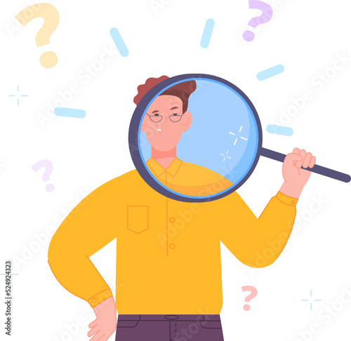 Looking something at magnifier. Fun man look eye in magnifying glass, research check inspection concept cartoon person student portrait character