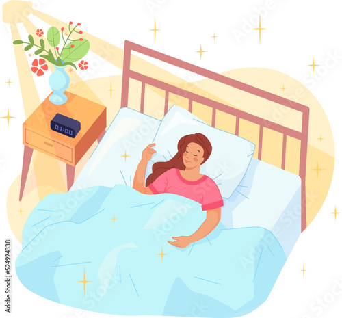 Peaceful morning sleep. Peace sleeping woman under blanket on cozy bed, cartoon asleep female early day, hotel or home comfy bedroom, deep sedative health rest, vector illustration