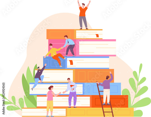 School teamwork progress. Children collaborate learning research knowledge, student academic team study together university achievement growth education step up vector illustration