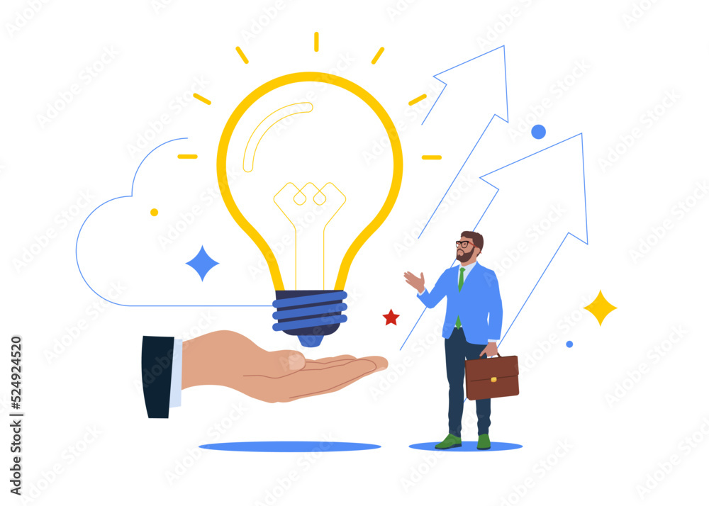 Innovation and Positive energy of Creative thinking, Big hand gives idea light bulb to businessman. Innovation and Positive energy of Creative thinking, Big hand gives idea light bulb to businessman.