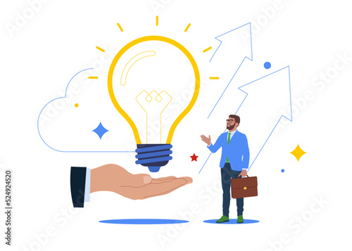 Innovation and Positive energy of Creative thinking, Big hand gives idea light bulb to businessman.