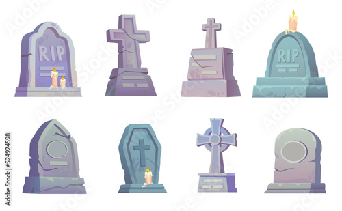 Cartoon headstones. Scary gravestones stone crosses, halloween ring grave crypt or old tombstone of graveyard, funeral elements rip concept cemetery, ingenious vector illustration